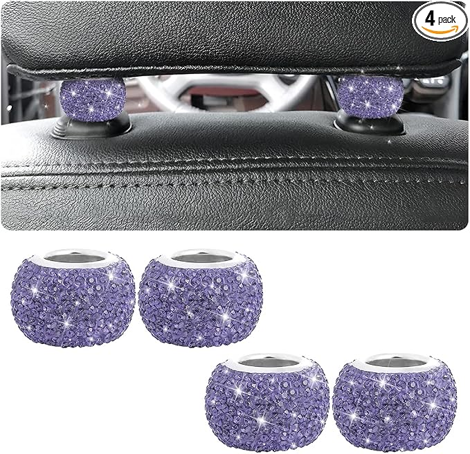 BELOMI 4 Pack Car Headrest Collars, Bling Car Head Rest Collars Rings Decor, Rhinestone Car Head Rest Collars, Diamond Interior Car Seat Accessory (Purple)