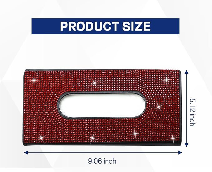 Bling Car Tissue Holder for Sun Visor, Crystal Rhinestone Visor Tissue Box, Leather Vehicle Paper Towel Case, Sparkling Auto Napkin Holder for Women, Car Accessories Decoration (Red)