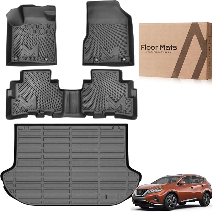 TPE Automotive Floor Mats & Cargo Liner Custom for 2017.5-2024 Nissan Murano, All Weather Cover Protection Waterproof Black Floor Liner Front & Rear Row Full Set Car Mats, 4PCS