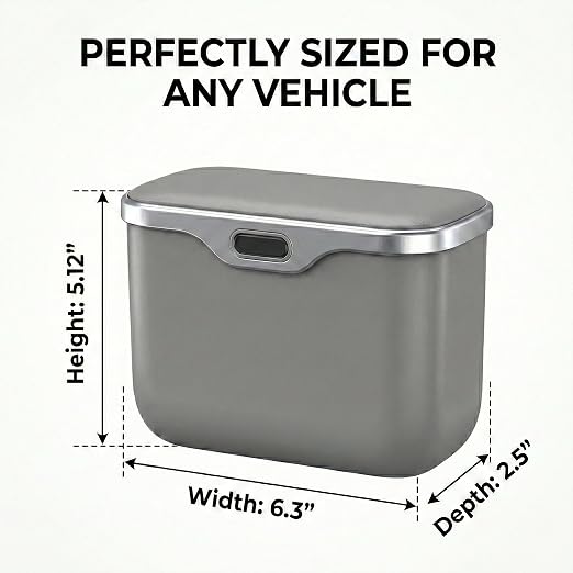 Hanging Car Trash Can, Leakproof Garbage Bin with Lid, Gary | ABS Construction, Clip-On Door/Back Seat Pocket Mount, Waterproof Liner, Push-Top Opening, For Suvs, Trucks, Sedans, Vans