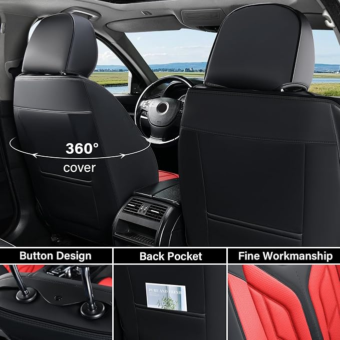 Coverado Car Seat Covers Full Set, Automotive Seat Covers Car Seat Protector Car Seat Cushion, Waterproof Leather Seat Covers for Cars, Universal Fit for Most Sedans SUV Pick-up Truck(Black&Red)