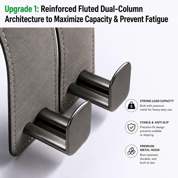 2Pcs Wide Car Headrest Hooks for Purses and Bags, 2026 Upgraded 0.98” Wide Opening for Thick Bag Handles, Premium Leather Car Seat Hanger with Dual Metal Hooks, WideFit Black