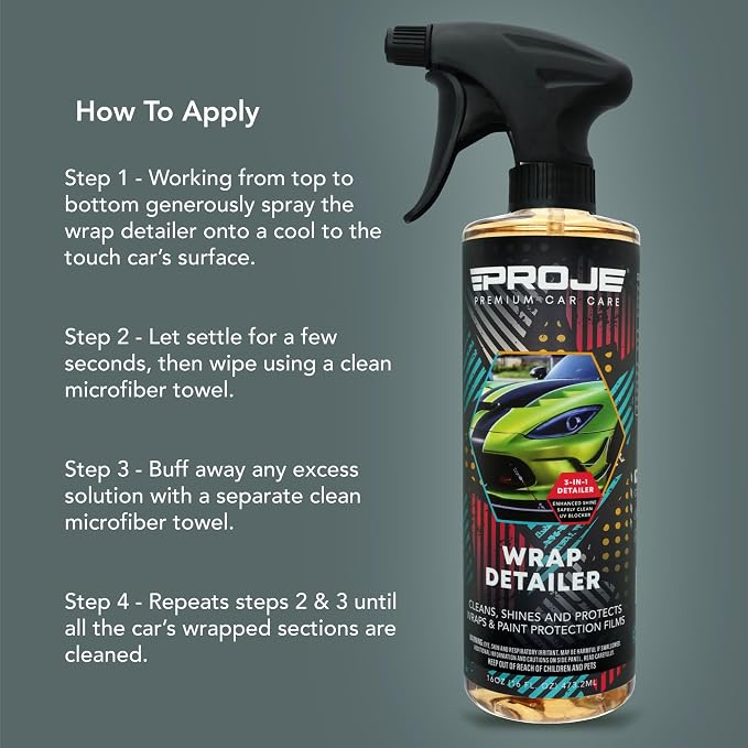 Proje Wrap Detailer - Professional Car Wrap Quick Detailer - Works on Gloss, Satin, & Matte Finishes - Cleans, Hydrates, & Protects Vinyl, Graphics, Clear Bra, & Paint Protection Film - 16 Fl Oz