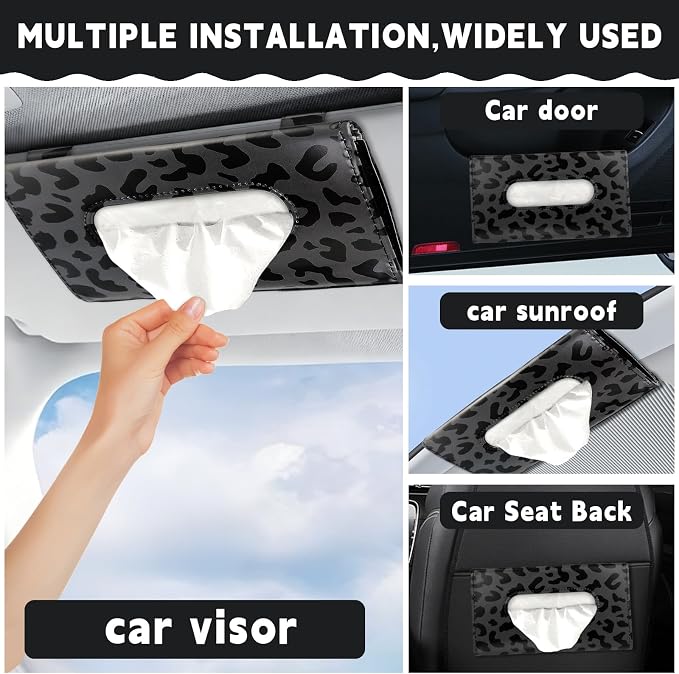 2 Pcs Sunglass Holder and 1Pcs Car Tissue Holder for Car, Magnetic Leather Sunglasses Holder Car Sun Visor Glasses Hanger Clip,Car Interior Accessories for Women(Black Leopard Print)