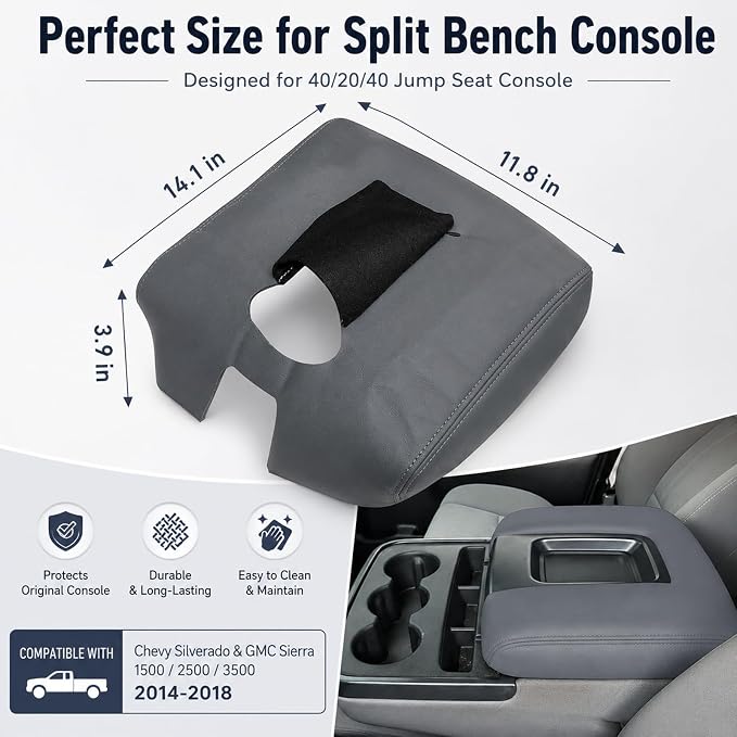 SecosAutoparts 2014-2018 Center Console Armrest Cover Lid for Chevy Silverado & GMC Sierra 1500 2500 3500 - Dark Gray Leather Replacement Cover, Jump Seat 40/20/40 Split Bench, Microfiber Leather