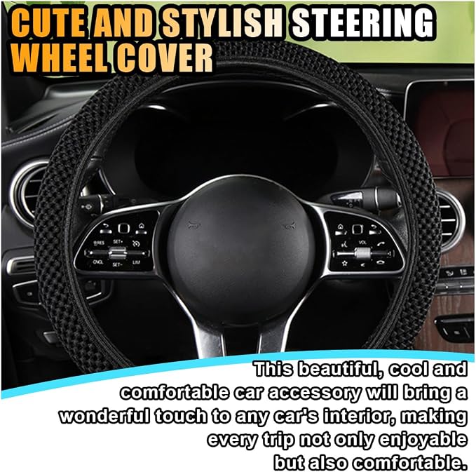 Stretch Elastic Steering Wheel Cover, All-Season Comfort, Warm in Winter & Cool in Summer, Universal 15 Inch Microfiber Breathable Ice Silk, Anti-Slip, Odorless, Easy Carry, Fit Car, SUV (Black)