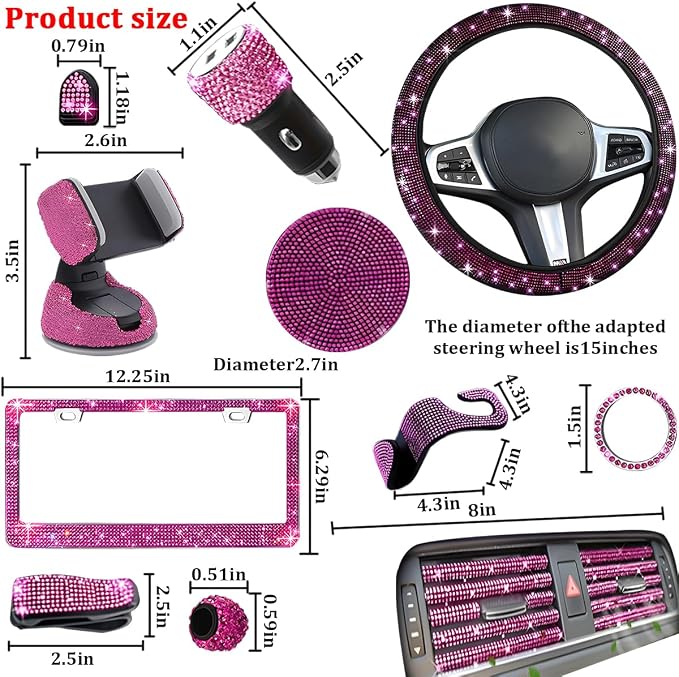27PCS Bling Car Accessories Set for Women, 14.5-15" Crystal Rhinstone Steering Wheel Cover, License Plate Frame, USB Charger Phone Holder, Girly Auto Decor Kit, Universal Fit (Rose Red)