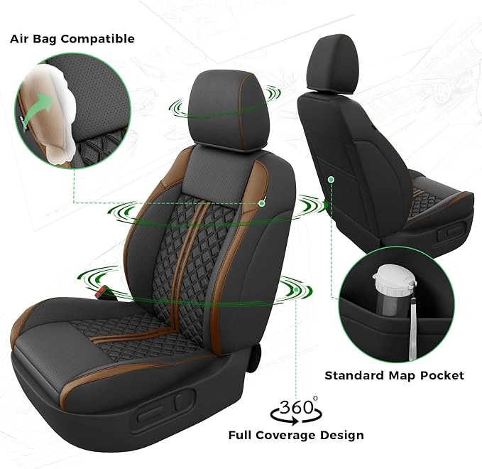 Custom Seat Covers for Tacoma 2016-2023 3rd Gen Double Cab SR5/TRD Off-Road/SR/TRD Sport/TRD PRO Full Set with Console Covers, Waterproof Leather Back and Front Seat Protectors Black Brown
