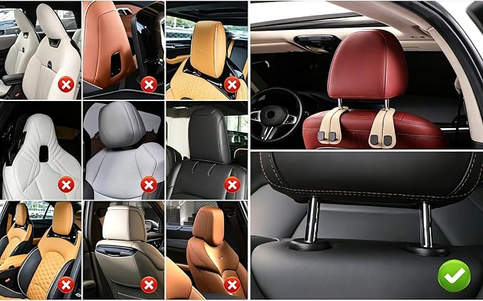 2 Pack Car Headrest Hooks for Purses and Bags Cute Leather Car Seat Back Head Rest Double Hooks for Bags Cute Pink Beige Car Accessories Headrest Back Seat Handbags Hook (Beige 2 Pack)