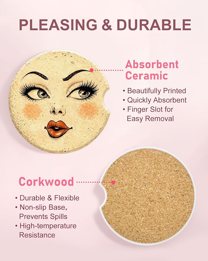 Swooflia 2 Pack Absorbent Ceramic Car Coasters for Women - 2.55 Inch Moon Beauty Car Cup Holder Coasters with Cork Base, Funny Car Accessories, New Driver Gifts