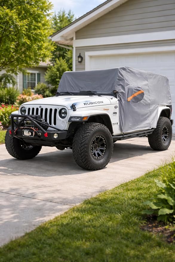 Waterproof Cab Cover for Jeep Wrangler JK JL 2 Door | Zipper access, windproof design, soft cotton lining, all-weather protection against rain, snow, UV rays and dust