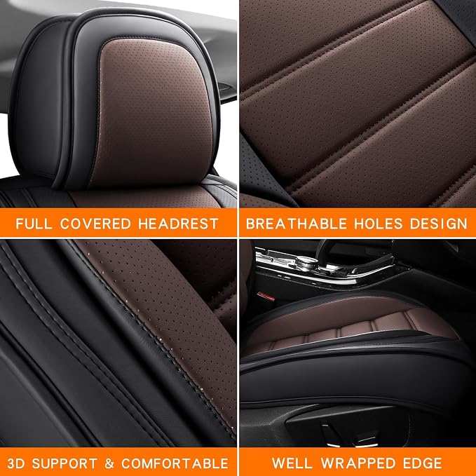 MINGBRON Car Seat Covers Full Set, Brown Car Seat Cover Lumbar Support, Car Seat Protector Waterproof, Nappa Leather Car Seat Cushion, Front Seats and Back Fit for Most Cars