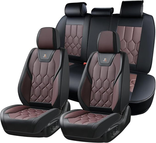 Huidasource Black & Coffee Seat Covers, Universal Fit for Cars SUVs Trucks | Full Coverage Leather Seat Cover, Airbag, Cupholder Compatible, Seat Function Retain, Easy Install with Velcro