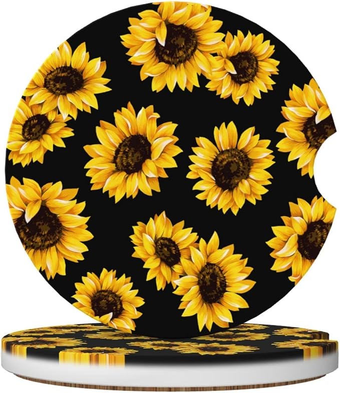 Sunflower Car Coasters for Cup Holders,2 Pack Car Cup Holder Coasters for Car,Ceramic Absorbent Car Coaster with A Finger Notch and Cork Base,Car Interior Accessories for Women Men