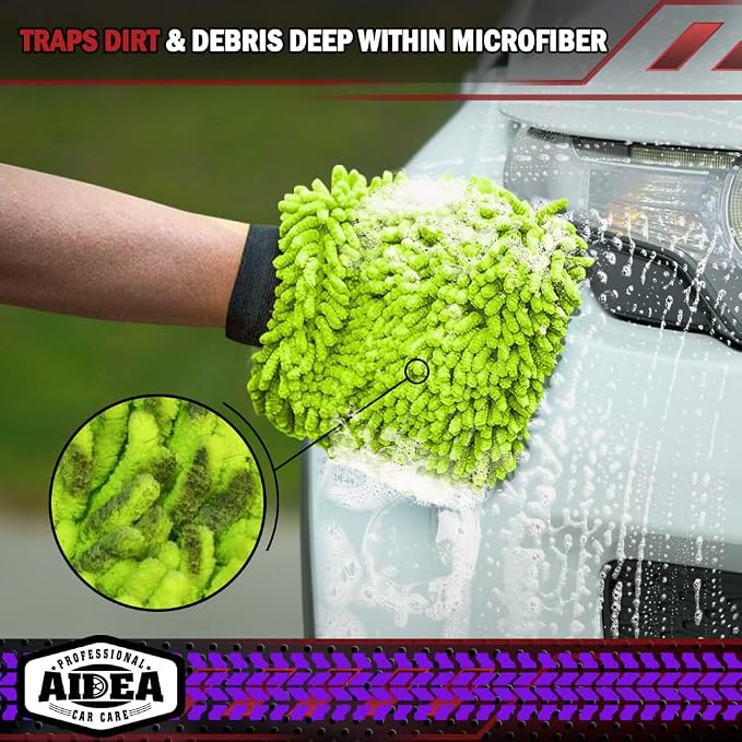 AIDEA Car Wash Mitt Microfiber, 4PK,Car Wash Brush, Green 8''X12'' | Scratch Free Lint-Free, Premium Chenille Microfiber Mitt, Cleaning Supplies, Extra Large Size