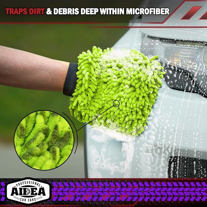 AIDEA Car Wash Mitt Microfiber-2PK, Car Wash Brush, Green, 7.12''X10.14'' | Scratch Free Lint Free, Premium Chenille Microfiber Mitt, Car Cleaning Supplies, Regular Size