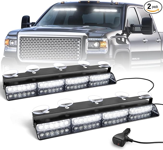HLauto 6Z4J Emergency Dash Strobe Lights: 2x16.8 inch White Safety Lights, 48 LED Flashing Warning Hazard Interior Windshield Visor Traffic Light Bar for Trucks, Construction Vehicles