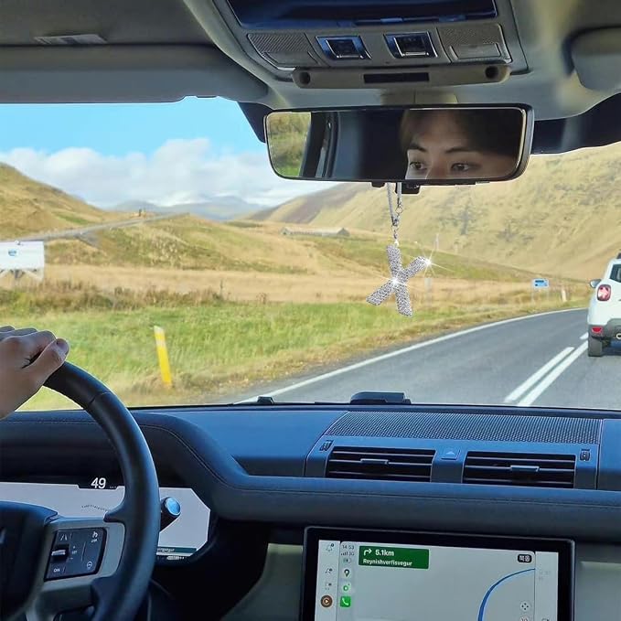 Bling Car Rear View Mirror Letter Charm, Crystal Rhinestone Rear View Mirror Hanging Ornament, Automotive Interior Rearview Mirrors Decoration Accessories, Universal for Vehicles(X)
