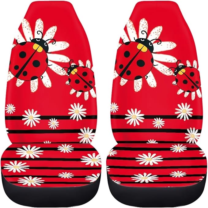 Cartoon Ladybirds Front Seat Covers for Cars White Daisy Driver Car Seat Cover Soft Comfort Bucket Seat Covers Universal Fit for SUV Truck Sedan