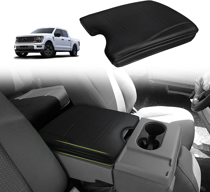 Muslogy Center Console Armrest Cover Fit for Ford F-150 F150 2015-2026 & F250 F350 F450 2017-2026 Accessories, Comfort Armrest Pad Console Lid Cushion Vegan Leather 1-Inch Extra Thick(Jump Seat ONLY)