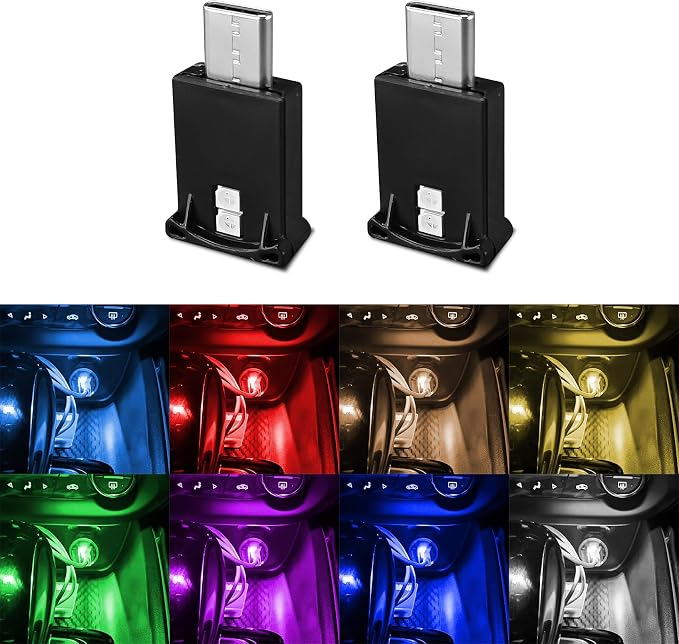 2 PCS USB Type C LED Ambient Light, Adjustable Brightness 8 Color RGB LED Interior Lighting, Universal Car Interior Accessories Mini USB Night Atmosphere Lamp for Car Home Decoration