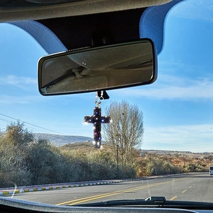 Bling Car Rear View Mirror Accessories Hanging Pendant,Cross Crystal Rhinestone For Car Mirror Hanging,Double-Sided Cross Diamond Religious,Interior Men Women Car Accessories