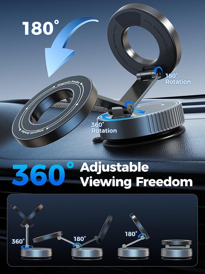 Magnetic Car Phone Holder for Magsafe, Nano Gel 360°Adjustable Vacuum Phone Holders for Your Car,[108+LBS Suction & 2800gf Magnetic] Car Phone Mount for iPhone 17/16/15/14/13/12 Series & Android