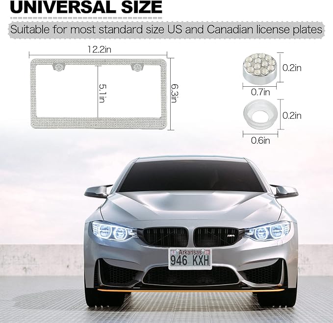 FIISFIIS Bling License Plate Frame for Women,2 Pack Premium Stainless Steel Rhinestone Car License Plate Holder,Handmade Glitter Crystal Diamond Girl Lincense Plate Cover ,Bedazzled Sparkly Caps-White