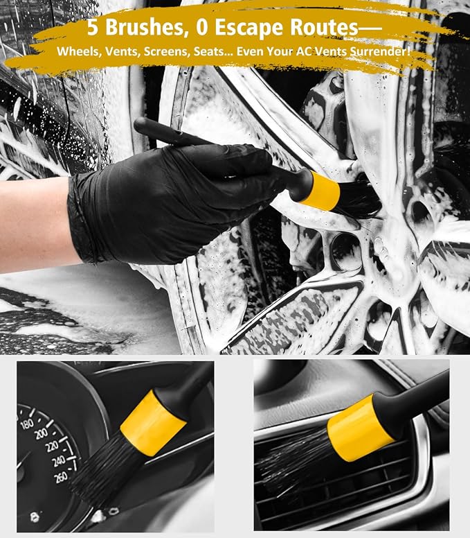 YeewayVeh Car Wash Kit, Extendable Brush Mop, Long Handle, Ginger | 5Pcs Detailing Brush, Rim Cleaner Brush & Microfiber Towel, Complete Car Cleaning Supplies