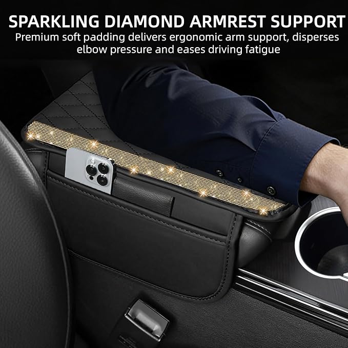 NBTEPEM Bling Car Center Console Cover, Leather Car Arm Rest Cover Cushion with 2 Storage Bags, Universal Auto Armrest Protector, Bling Accessories Interior for Most Vehicles(Champagne Diamond)
