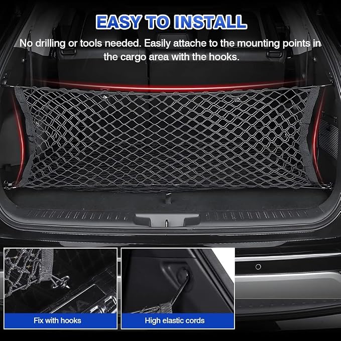 Karltys Envelope Style Cargo Net for Nissan Pathfinder 2022-2024 2025 2026, Highly Elastic Pathfinder Rear Trunk Cargo Net, Heavy Duty Nylon Mesh Storage Netting Organizer with Durable Hooks