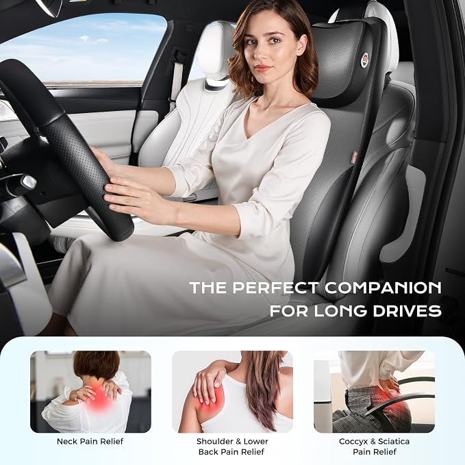 Coverado 2-in-1 Lumbar Support Headrest Pillow, Adjustable-Height Velcro Design Car Neck Pillow, Ergonomic Memory Foam Back Support for Car, PU Leather Cushion for Neck Back Pain Relief, Blackgray