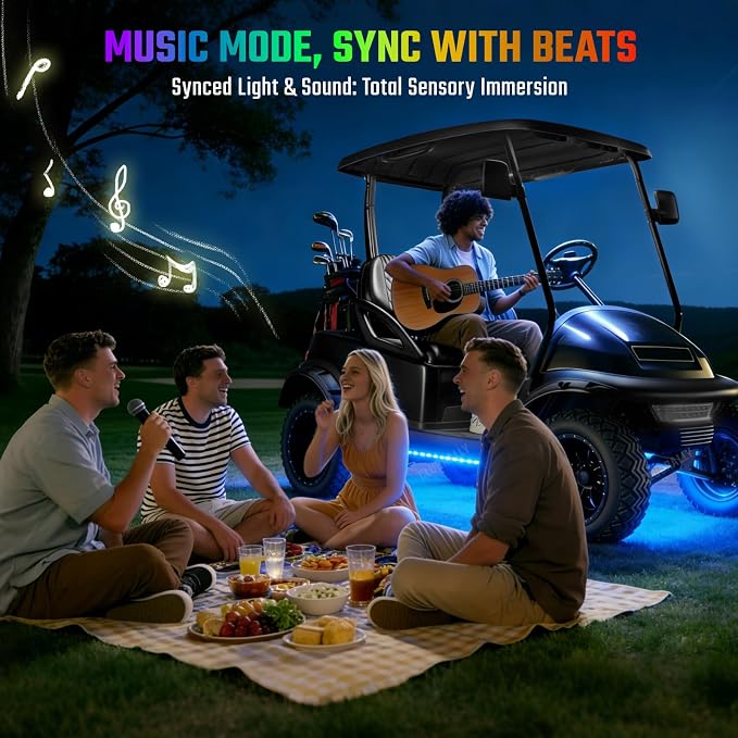 CLUBRALLY Golf Cart Underglow LED Light Strip Kit, 28 Modes Neon Underbody Glow, 12-85V, Music Sync, Wireless Remote Control, Universal for All Golf Carts, EZGO, Club Car, Yamaha, 4 Pack