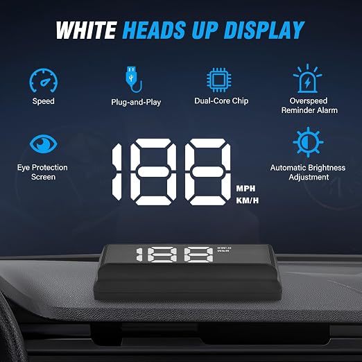 W2 Heads Up Display for Cars,Speedometer with Overspeed Alarm,Automatic Brightness Adjustment,Triple Over-Speed Alarm,LED Large Font,Built in Sun Visor,Plug & Play USB HUD Fit for All Vehicles(White)