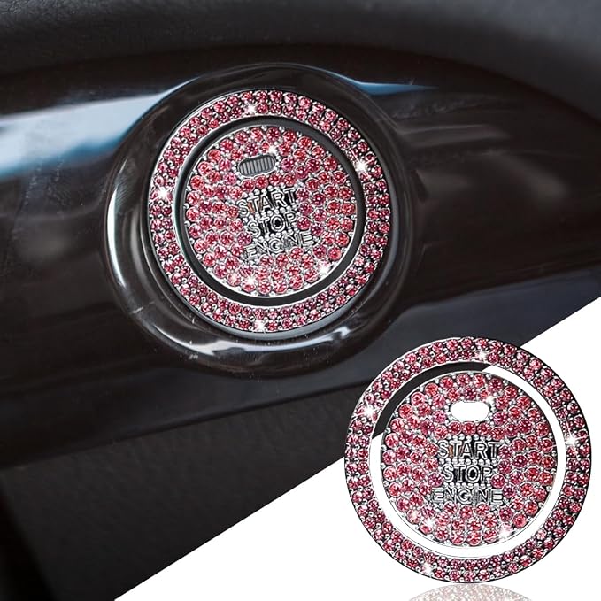 Bling Crystal Car Engine Start Ring Sticker, Sparkling Rhinestone Push Start Button Decorative Cover, Anti-Scratch Key Ignition & Knob Bling Ring Car Interior Accessories for Women (Pink)
