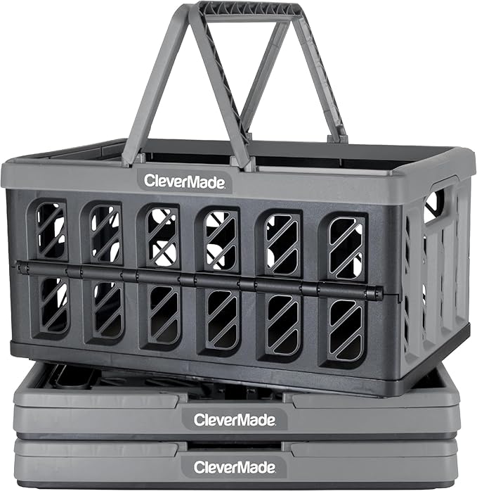 CleverMade Eco Collapsible Shopping Basket with Handles, 24L Stone, 3 Pack