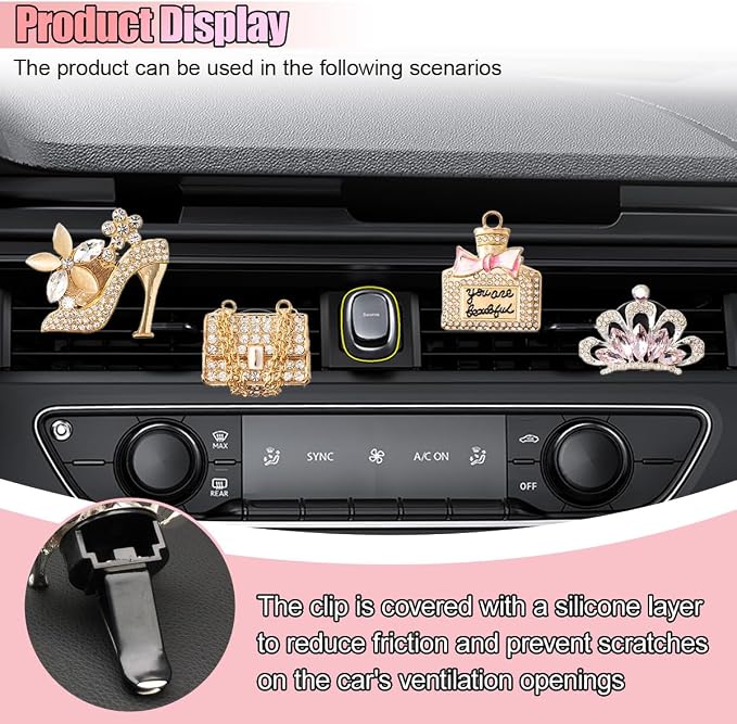 4PCS Bling Car Air Vent Clip, Crystal Rhinestone Heels Bag Crown Perfume Bottle Dashboard Air Vent Trim Clips, Car Interior Outlet Diffuser Decoration Accessory for Women (Gold)