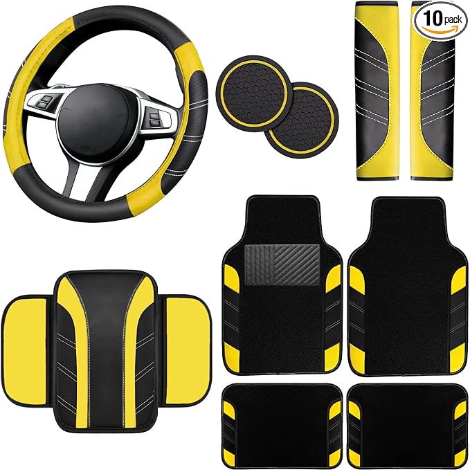 NBTEPEM 10 Pcs Car Floor Mats Full Set & Sport Leather Steering Wheel Cover 14.5-15 inch, Center Console Cover, Seat Belt Cushion, Cup Holder Coaster, Universal Automobile Interior Sets (Yellow)