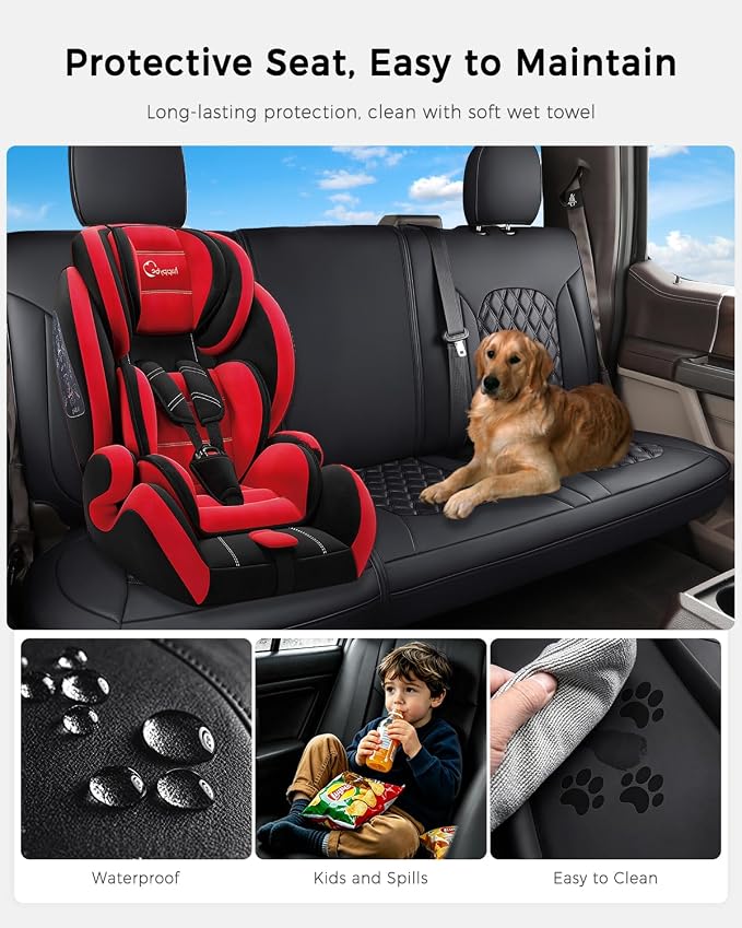 Huidasource F150 F250 F350 Rear Car Seat Covers, Leather Back Row Seat Cushion Cover Fit for 2015-2026 Ford F150 SuperCrew&2017-2026 F250 F350 F450 Super Duty Crew Cab XL XLT Lariat(Back Row/Black)