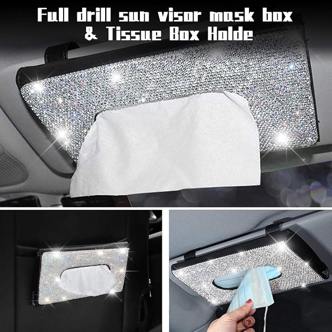 Bling Car Sun Visor Tissue Box Holder, Rhinestone PU Leather Crystal Sparkling Napkin Holder, Backseat Paper Towel Cover Case Car Accessories for Women (White)