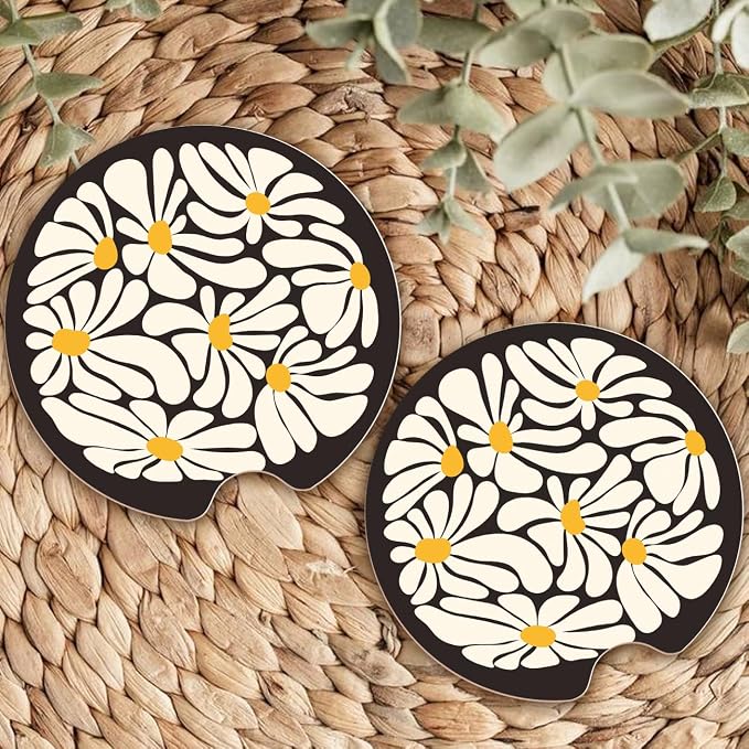 Ceramic Car Coasters – Absorbent Car Cup Holder Coaster Set for Women, Cute Aesthetic Car Accessories for Girls, 2 Pack (Raven)