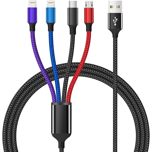 Dual IP 4 in 1 Multi Charging Cable, 1 Pack 5FT USB Charging Cord | IP/IP, USB C & Micro Ports, Nylon Braided Phone Charger Cable for Multiple Devices, Car & Travel Essentials