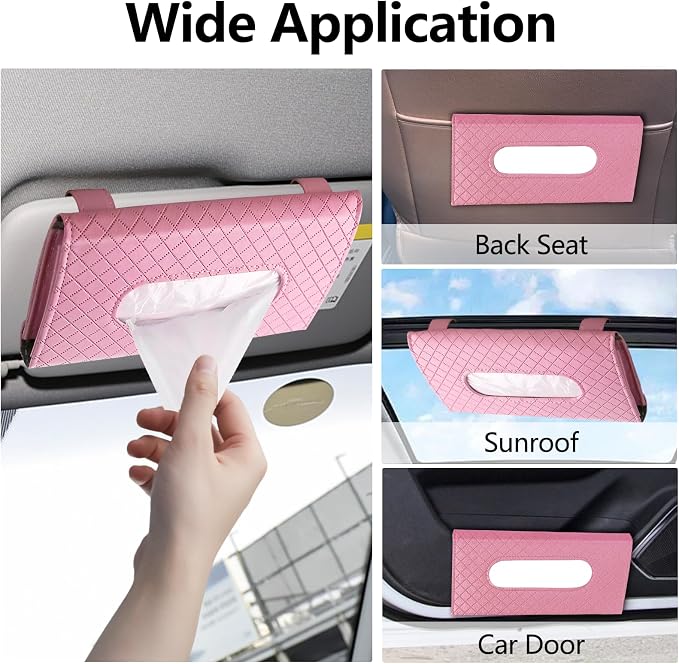 Wuyaoyao Car Tissue Holder, Auto Sun Visor Napkin Holder Mask Holder, Premium PU Leather Car Tissue Holder Visor Tissue Dispenser, Universal Sun Visor Tissue Box for Most Vehicle (Plaid-Pink)