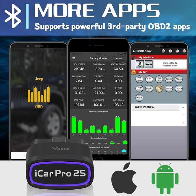 Vgate iCar Pro 2S Bluetooth 5.2 OBD2 Car Scan Tool for iPhone, Android, and Windows