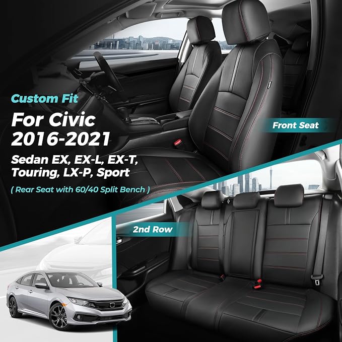 Seat Covers for Honda Civic Sedan EX-L, EX-T, EX, Touring, Sport 2016-2021, Faux Leather Car Seats Cover Full Set Waterproof Black Red Line (60/40 Split Seatback-with Rear Armrest)