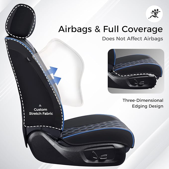 Huidasource Seat Covers Full Set, Seat Covers Nappa Leather Universal Fit for Most Cars, Vans, Trucks, SUVs, Compatible with Airbags, Blue Car Seat Covers Velcro Adjustable (Full Set/Black&Blue)