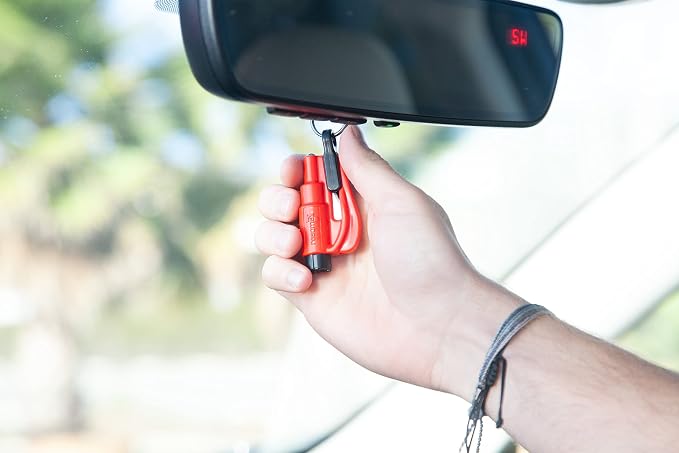 resqme The Original Emergency Keychain Car Escape Tool, 2-in-1 Seatbelt Cutter and Window Breaker, Made in USA, Family Pack of 3, Red, Blue, Yellow - Compact Emergency Hammer