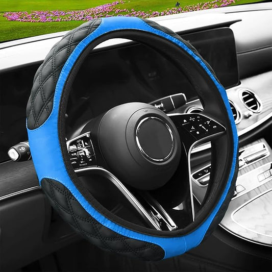 15 Inch Leather Steering Wheel Cover, Automotive Accessories Breathable Anti-Slip Elastic Soft Wheel Protector, Fit for Most SUVs Trucks and RVs (Blue)