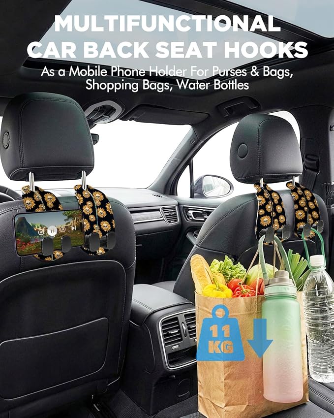 WOCOCN Purse Holder for Car, 2 Pack Heavy Duty Purse Hanger for Car, PU Leather Car Seat Hooks for Purses and Bags, Cute Sunflower Skull Headrest Organizer for Handbags & Backpacks