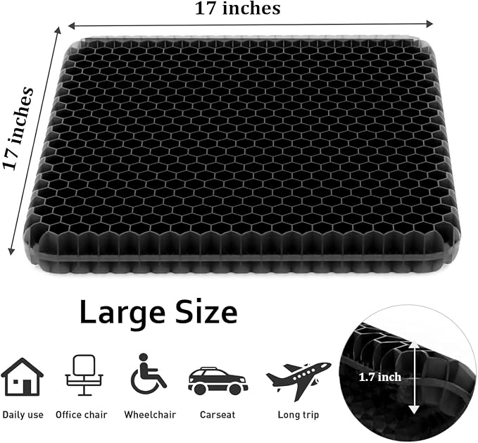 Gel Seat Cushion, Large Gel Cushion Breathable Honeycomb Chair Pads Gel Cushion with Non-Slip Cover for Home Office Chair Car Seat Wheelchair Absorbs Body Pressure Points, As Seen on TV (Black)